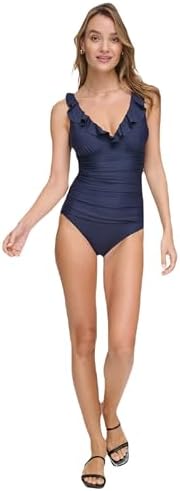 DKNY Women's One Piece Ruffle V-Neck Bathing Suit