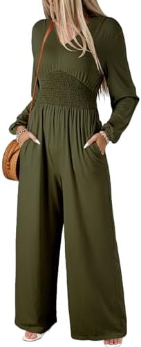 Happy Sailed Womens V Neck Jumpsuit Trendy Fall Long Sleeve Wide Leg Pants Jumpers Rompers Casual Outfits with Pockets