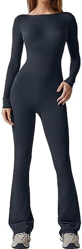 QINSEN Womens Sexy Open Back Long Sleeve Flared Bottom Pants Romper Bodycon Jumpsuit