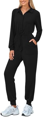 PRETTYGARDEN Women's Jumpsuits Fall Long Sleeve Rompers One Piece Outfits For Women 2024 Button up Lounge Wear
