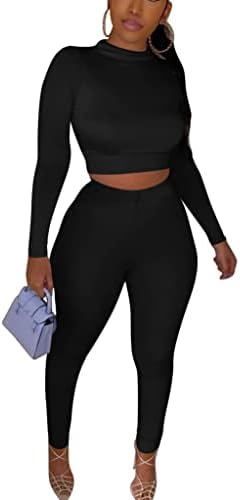 Kaximil Women's Workout Tracksuit 2 Piece Outfits Long Sleeve Crop Top High Waist Legging Pants Set