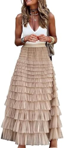 Long Tulle Skirt for Women Trendy High Waisted A Line Fluffy Fairy Mesh Layered Ruffle Skirt