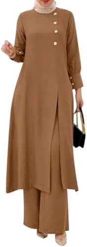 IDOPIP Abaya Dress for Women Muslim Set Long Sleeve Ramadan Islamic Dress Shirt with Pants 2PCS Dubai Prayer Casual Clothes