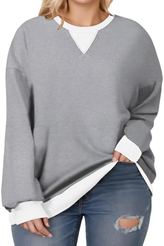 Womens-Plus-Size-Sweatshirts Casual Oversized Pullover Tops Crewneck Long Sleeve Color Block Tunic Outfits