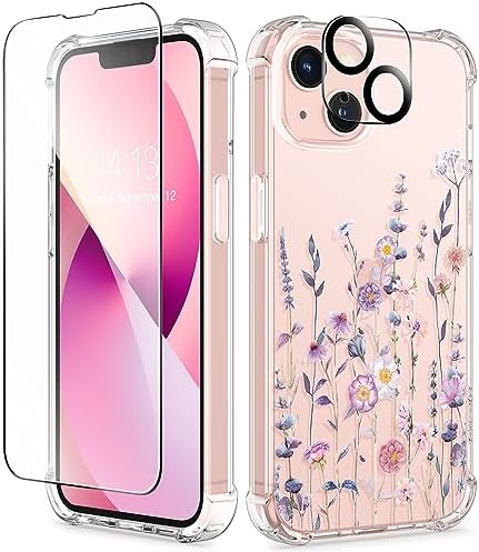 GVIEWIN Designed for iPhone 13 Case 6.1 Inch, with Tempered Glass Screen Protector + Camera Lens Protector Clear Flower Soft & Flexible Shockproof Floral Women Phone Cover (Floratopia/Colorful)