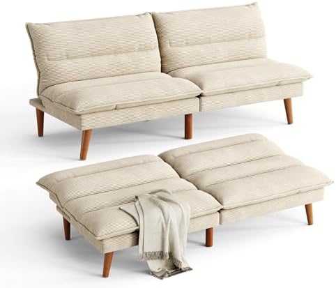 LINSY 71‘’ Futon Couch Bed, Corduroy Convertible Futon, Recliner Sleeper Sofa, Adjustable Backrest, Small Futon Couch for Small Rooms, RV, Apartment, Beige