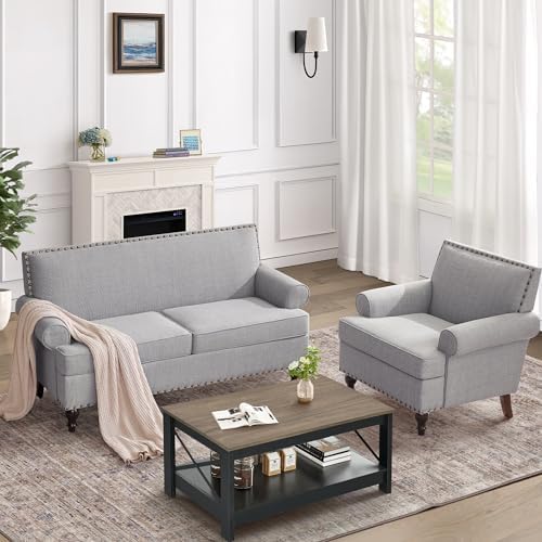 HUIMO 2 Piece Living Room Furniture Sets with Loveseat Sofa and Accent Chair, Upholsteded Loveseat Couch with Rivet, Mid Century Modern Couch, Comfy Living Room Chairs (Light Grey)