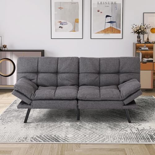 MUUEGM Adjustable Memory Foam Futon Sofa Bed, Couch with Convertible Backrests Armrests Futon Folding, Modern Futon Sleeper for Living Room, Apartment, Office, Small Room 71” Sofa Bed Dark Gray