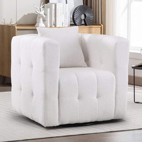 INZOY Swivel Accent Chair Mid Century Modern Chair with Soft Lamb Wool Fabric, Upholstered Comfy 360 Degree Swivel Square Chairs with Fluffy Pillow, Swivel Single Sofa for Bedroom Living Room, White