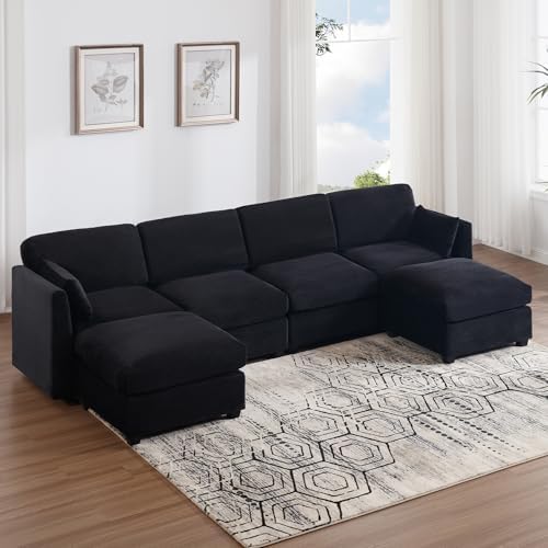 GNIXUU 126" Black Sectional Couches for Living Room, Corduroy Fabric Modular 6 Seat Sectional Sofa with 2 Removable Ottoman, Upholstered Cloud U Shaped Couch with Pillow, Thicker Cushion & Backrest