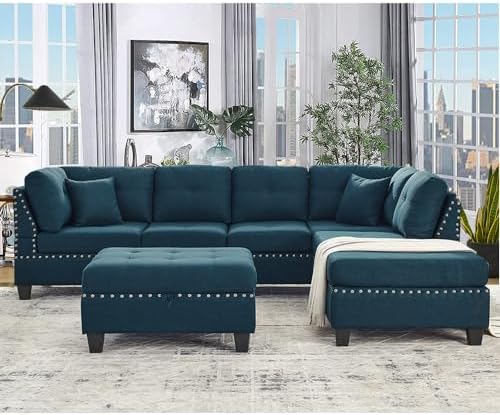 Evedy Large Sectional Living Room Furniture Sets,109" L-Shaped Couch w/Two Small Pillow,3-Seaters Sofa with Storage Ottoman and Extra Wide Reversible Chaise-Blue