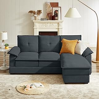 82" Convertible Sectional Sofa, L-Shaped Comfy Cloud Couch with Reversible Chaise and Padded Armrests, Modern Polyester 3 Seat Sofa Couches for Living Room (Dark Grey)