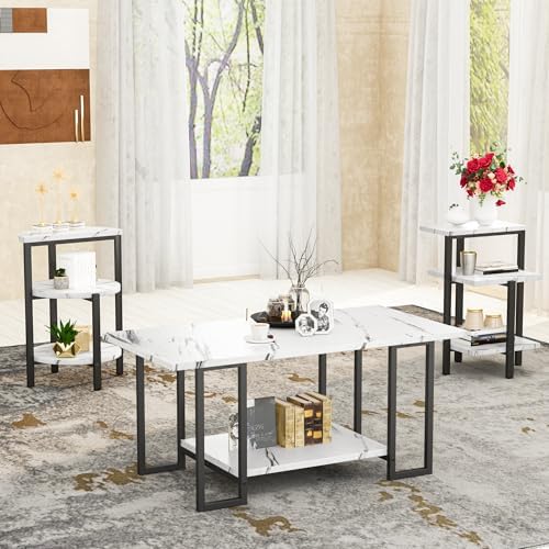 AWQM Faux Marble Table Set,Coffee Table&2 Side Table, Faux Marble Tabletop and Metal Frame,3 Piece Table Sets, for Living Room Apartment,White & Black
