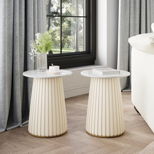 POVISON 15" Modern Side Table with Sintered Stone Top (Set of 2), Multifuctional Round End Table as Coffee Table, Drink Table, Nightstand, Conrner Table, Accent Table with PU Leather