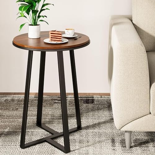 Round Small End Table Walnut Color MDF Top,Metal Frame Black, Tall End Table for Bed Room,Coffee Tea End Table for Living Room(Walnut+Black)