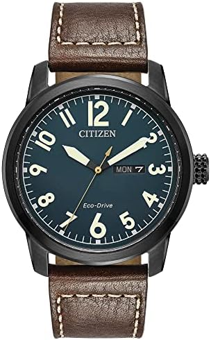 Citizen Men's Eco-Drive Weekender Garrison Field Watch in Black IP Stainless Steel with Brown Leather strap, Navy Dial (Model: BM8478-01L)