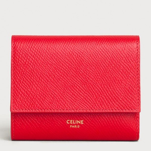 Celine Small Trifold Wallet in Red Grained Calfskin